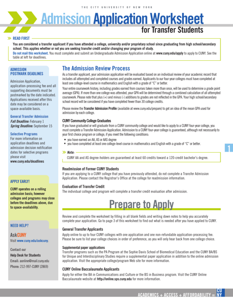 Cuny Transfer Application Worksheet