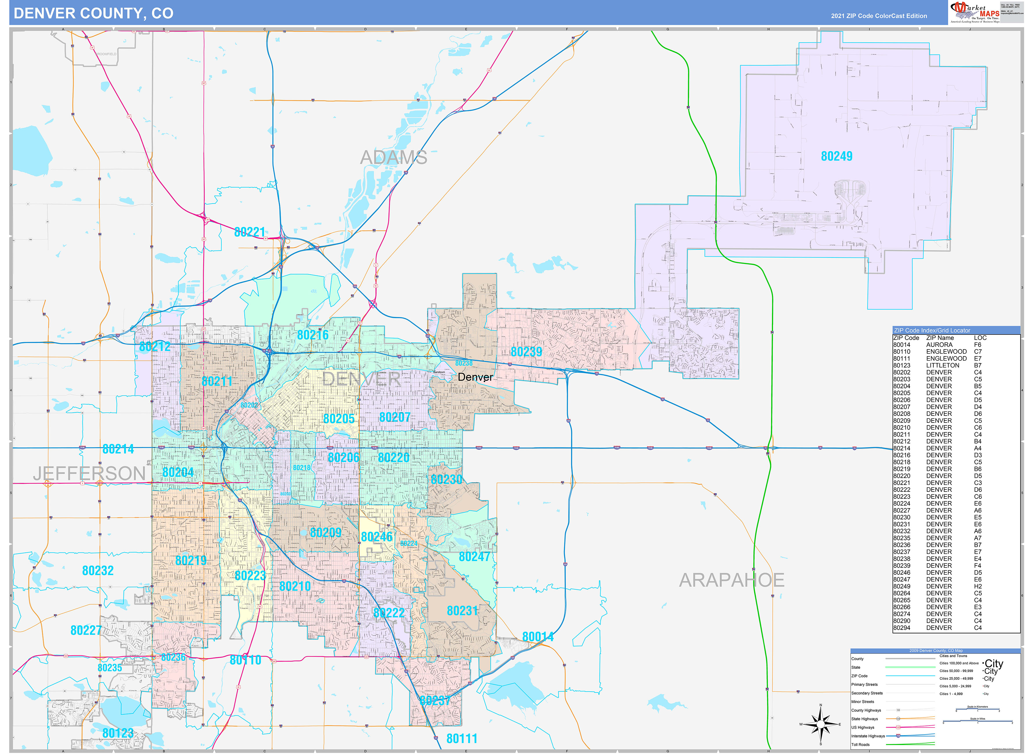 Denver County Co Wall Map Color Cast Style By Marketmaps Mapsales