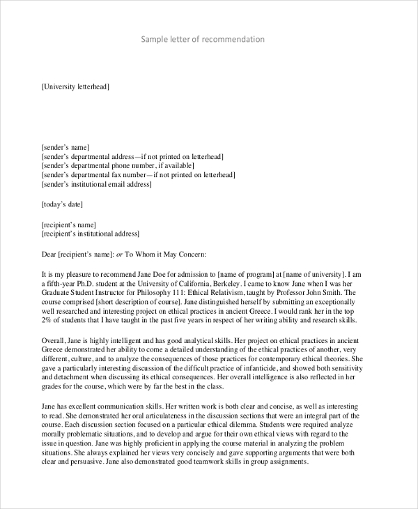 Example Of Letter Of Recommendation