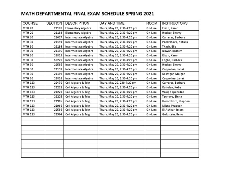 Final Exams Spring 2021 Boone Grove High School