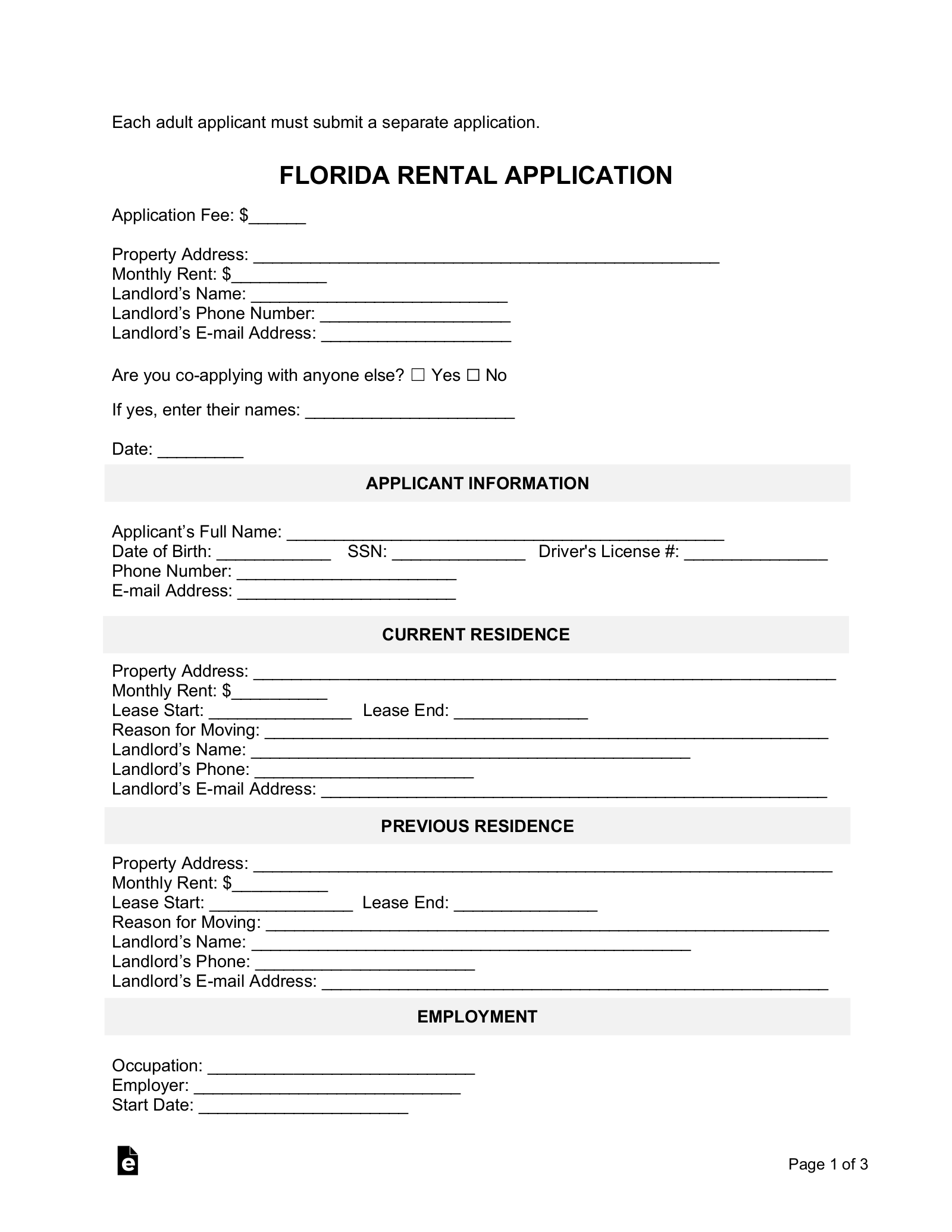 Free Florida Fl Rental Application Form Pdf Word