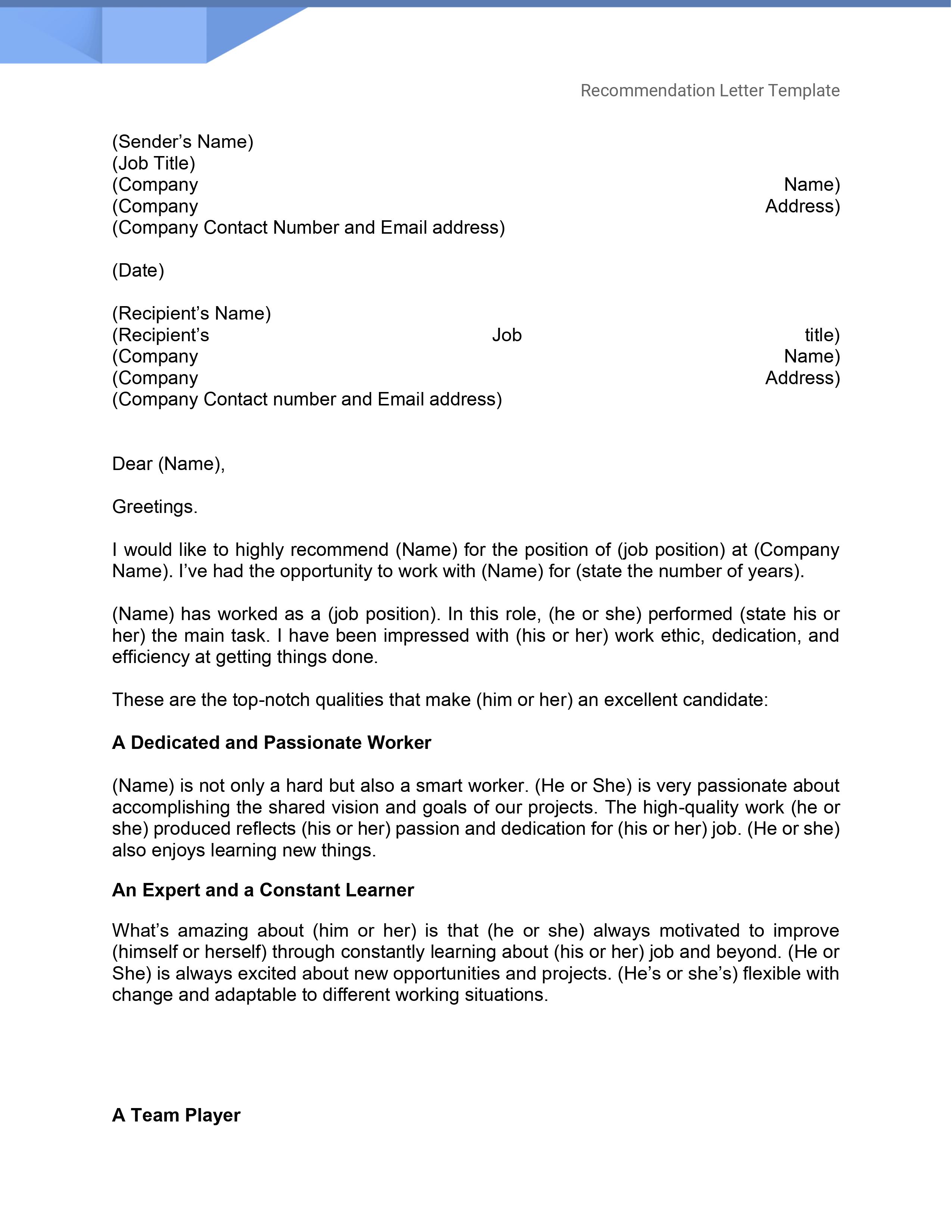 Free Letter Of Recommendation Templates 22 Pdf Word Eforms