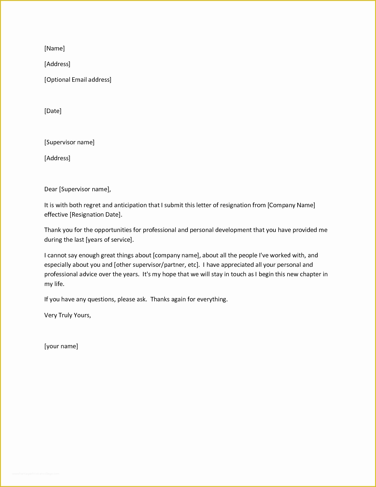 Free Printable Letter Of Resignation Form Generic