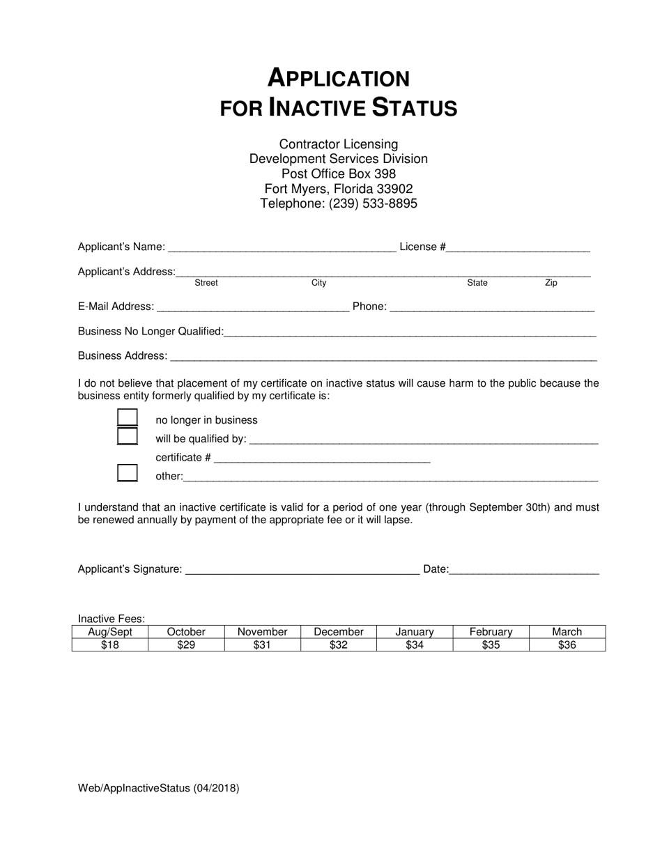 Lee County Florida Application For Inactive Status Fill Out Sign