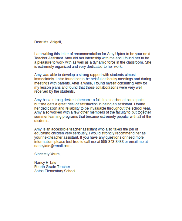 Letter Of Recommendation For Teacher Sample Templates