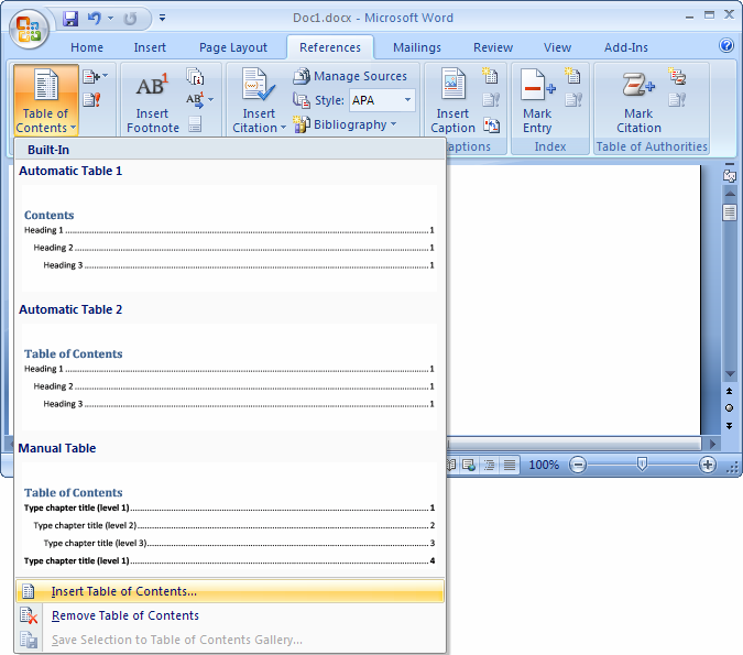 Ms Word 2007 Create A Table Of Contents