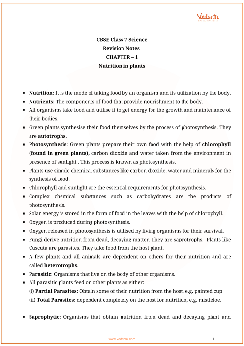 Nutrition In Plants Cbse Class 7 Science Notes Chapter 1