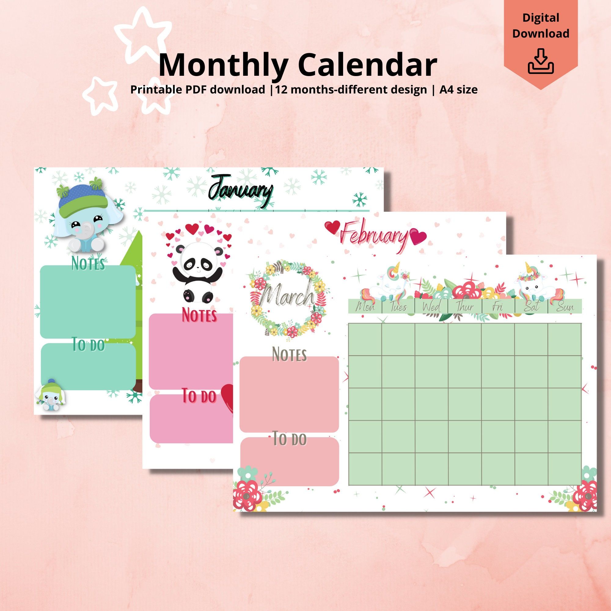 Printable Monthly Undated Calendar With Different Designs Etsy Norway