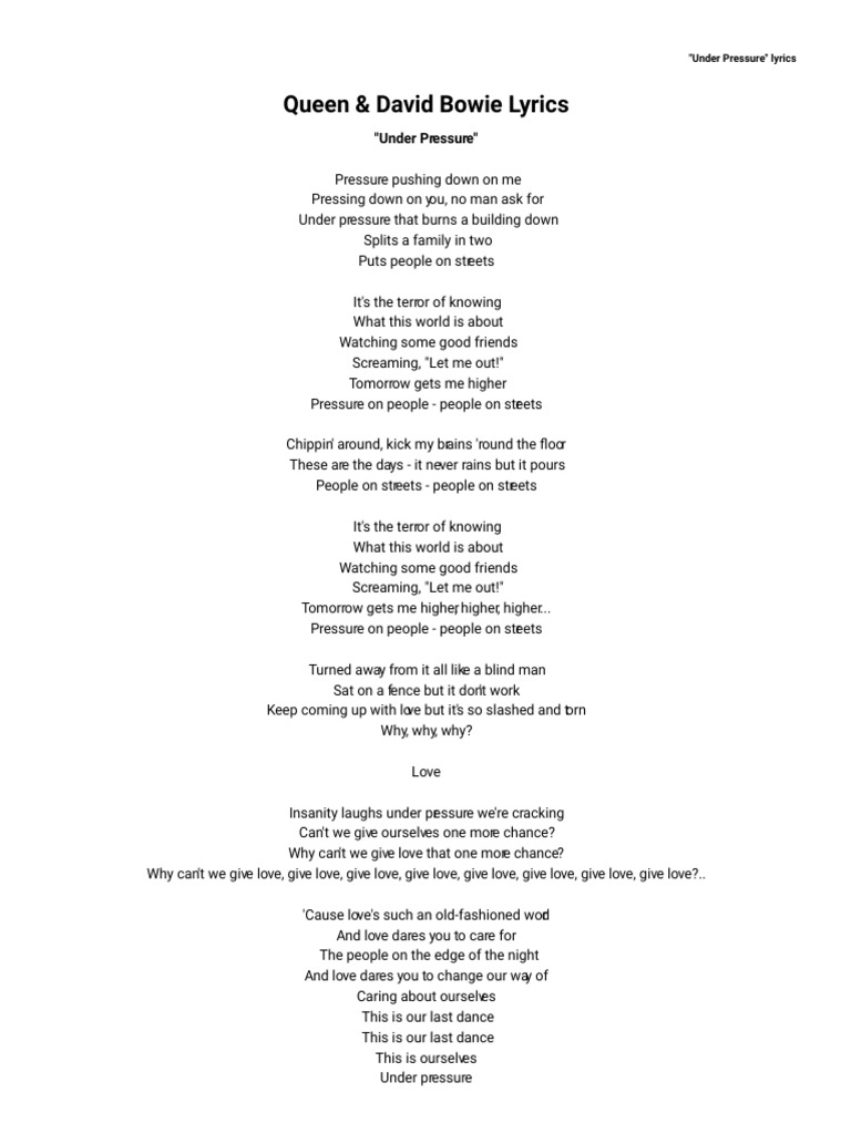 Queen Under Pressure Lyrics