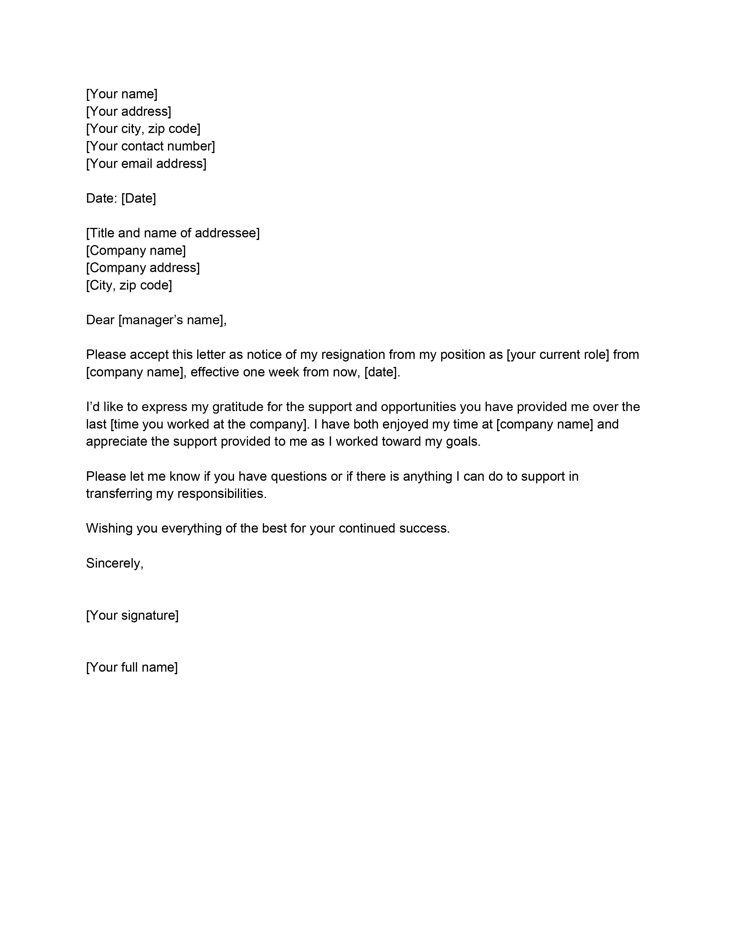 Resignation Letter Sample Word Template