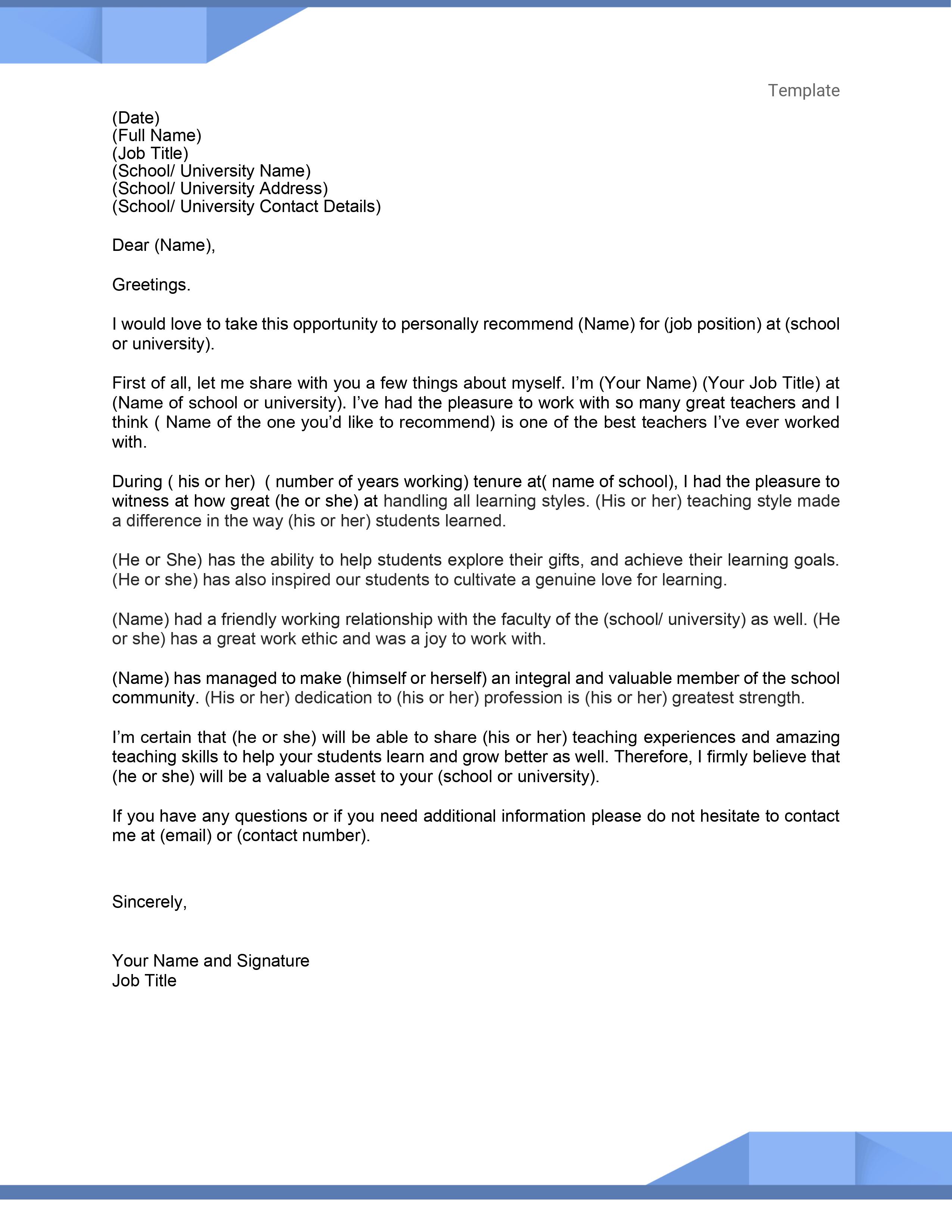 Teacher Recommendation Letter Template Guidance For Research Student