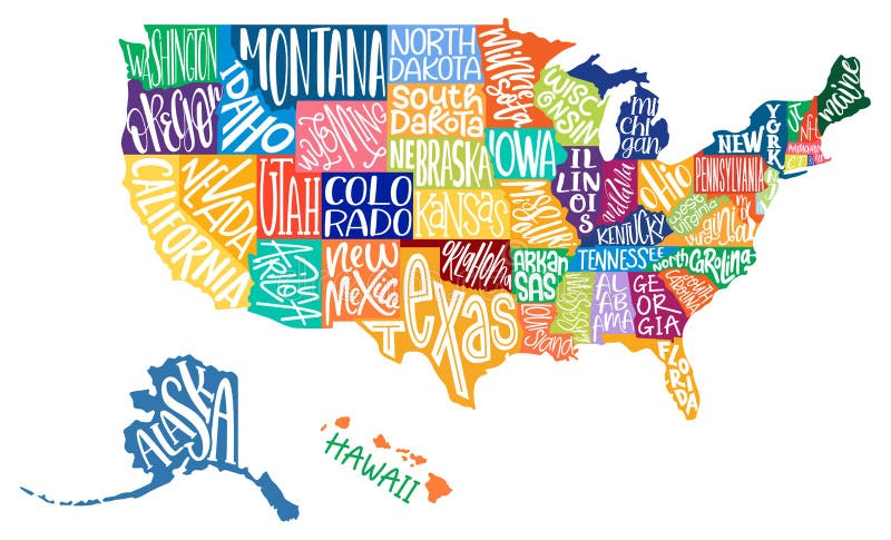 Usa Map United States Of America Color Map With Text State Names Stock